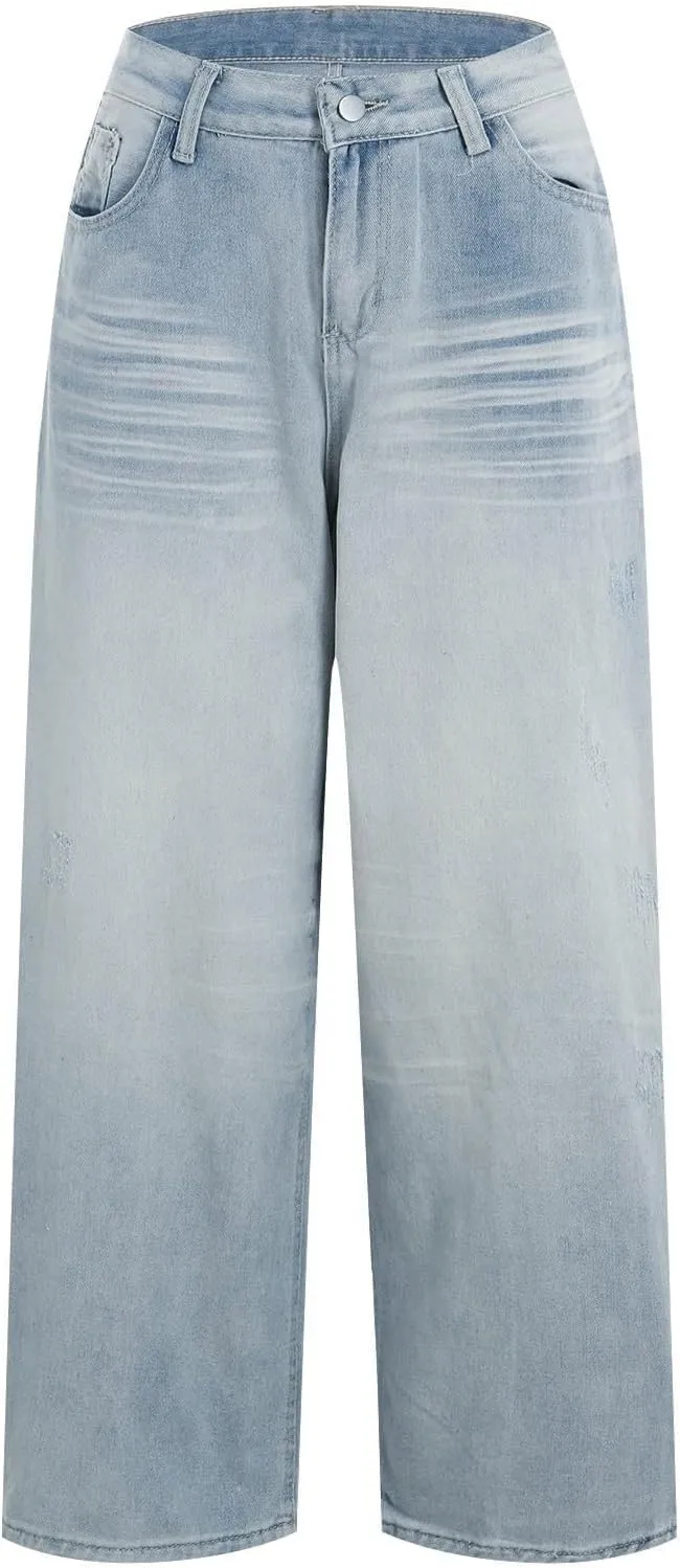 Straight Leg Jeans for Women High Waisted Boyfried Denim Pants Ripped Distressed with Pockets Baggy Jean Trousers