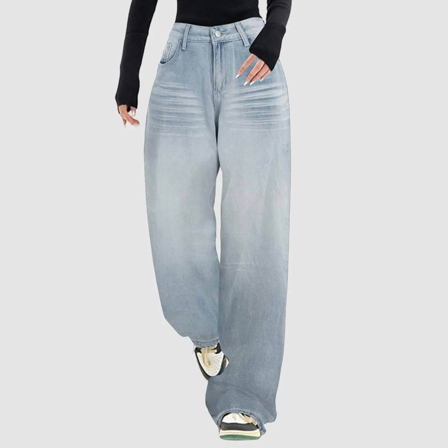 Straight Leg Jeans for Women High Waisted Boyfried Denim Pants Ripped Distressed with Pockets Baggy Jean Trousers