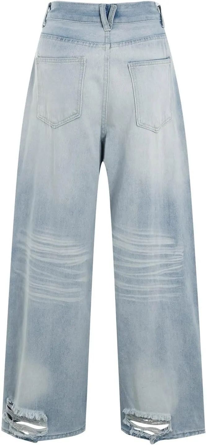Straight Leg Jeans for Women High Waisted Boyfried Denim Pants Ripped Distressed with Pockets Baggy Jean Trousers
