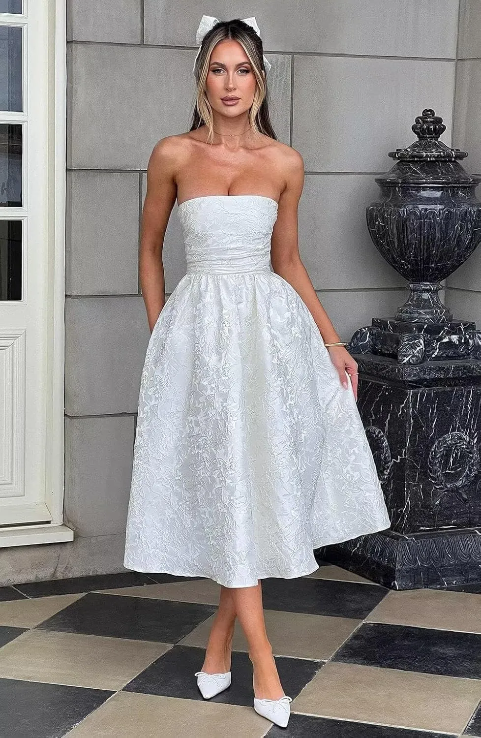 Strapless Jacquard Prom Dresses with Pockets A-Line Midi Cocktail Party Dress
