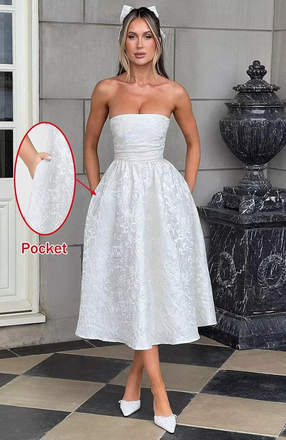 Strapless Jacquard Prom Dresses with Pockets A-Line Midi Cocktail Party Dress
