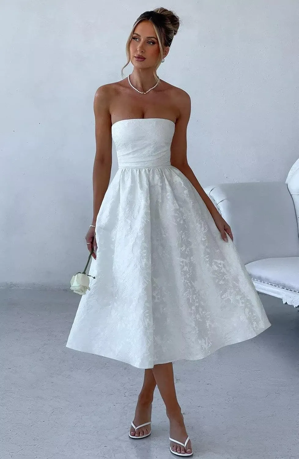 Strapless Jacquard Prom Dresses with Pockets A-Line Midi Cocktail Party Dress