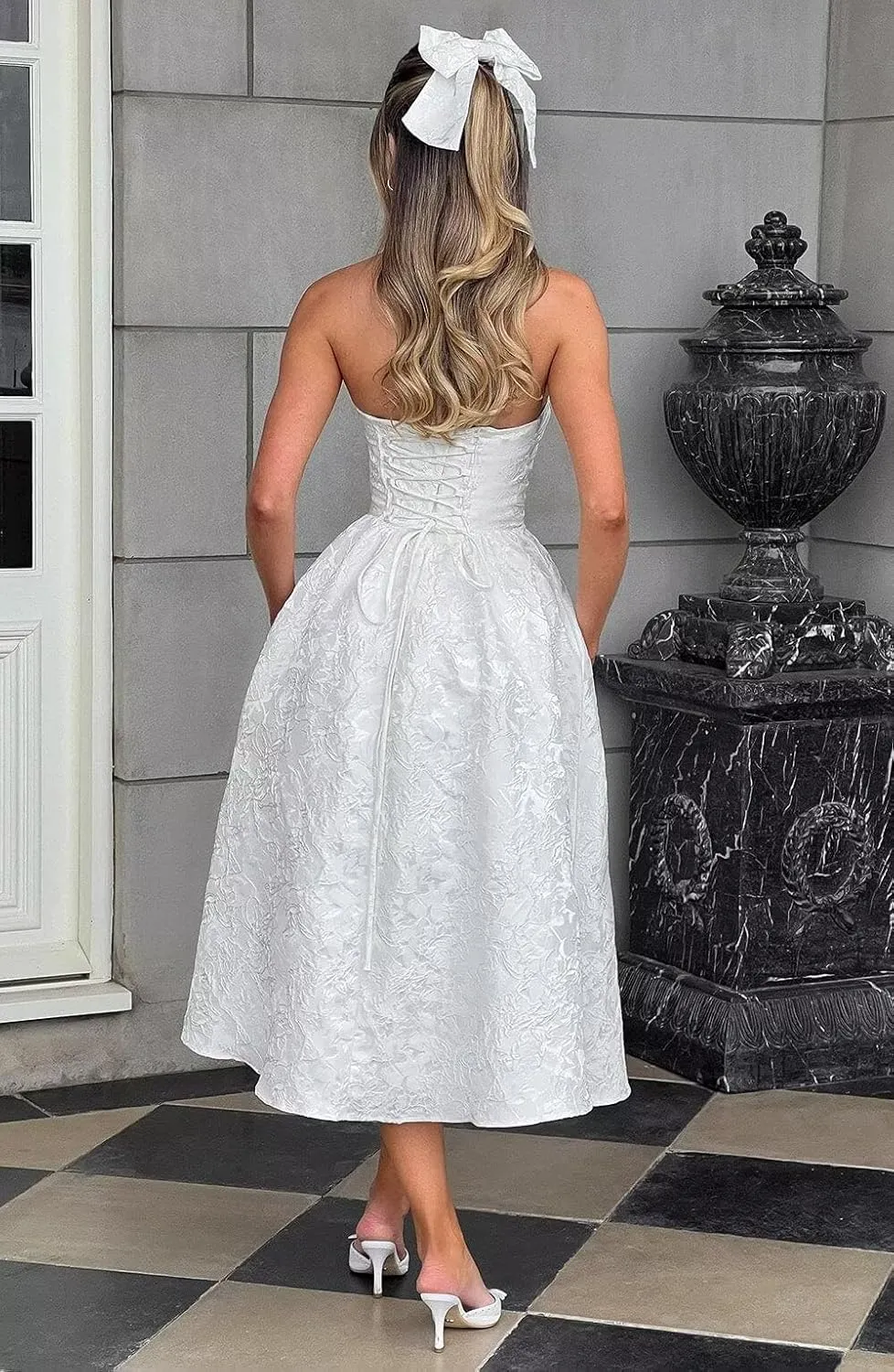 Strapless Jacquard Prom Dresses with Pockets A-Line Midi Cocktail Party Dress