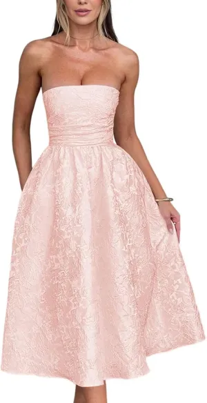 Strapless Jacquard Prom Dresses with Pockets A-Line Midi Cocktail Party Dress