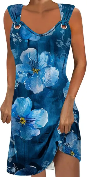 Summer A-Line Floral Printed Dresses Womens Vintage Sleeveless Beach Sundress Ladies Casual Loose Boho Dress