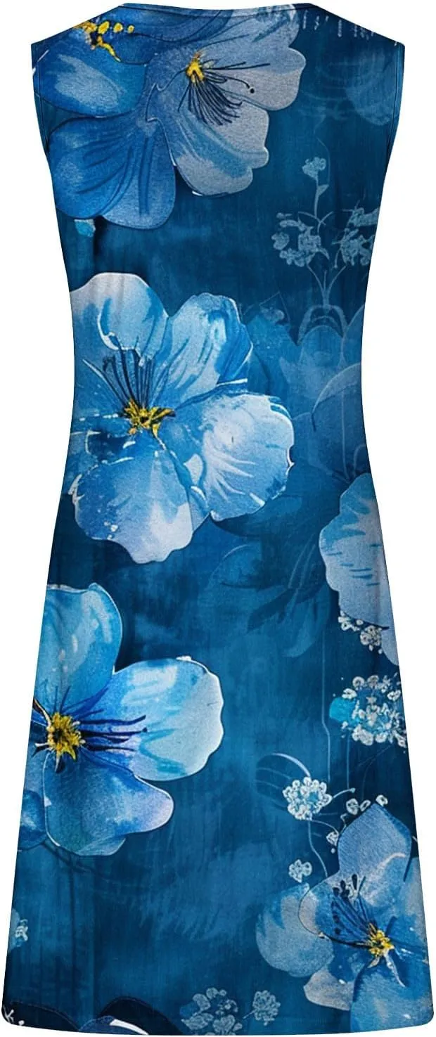 Summer A-Line Floral Printed Dresses Womens Vintage Sleeveless Beach Sundress Ladies Casual Loose Boho Dress