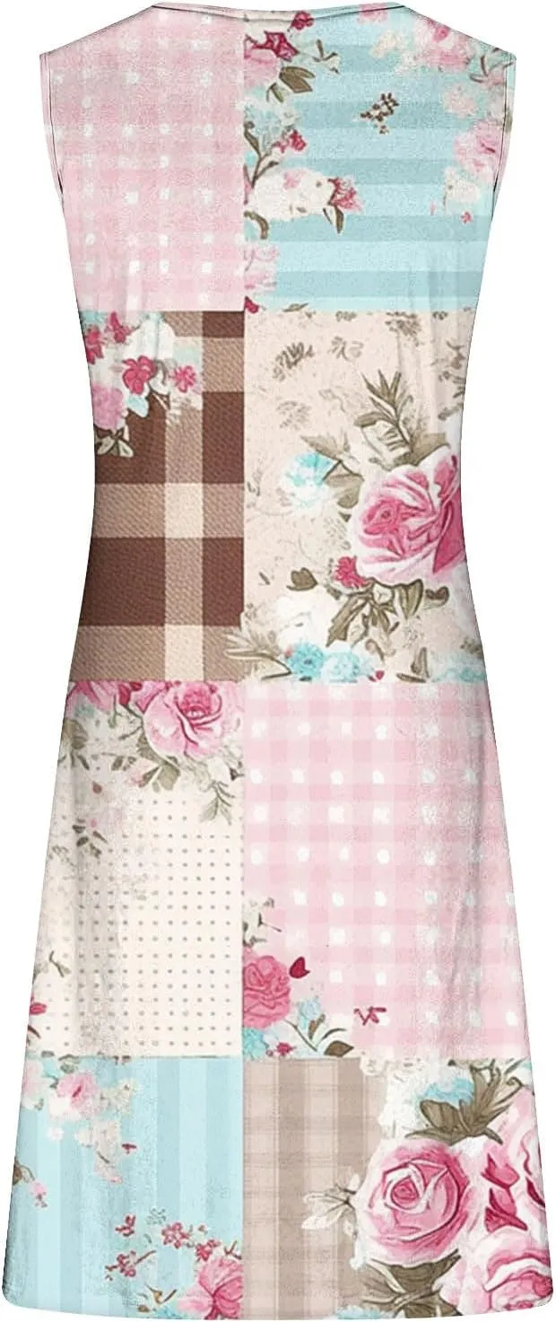 Summer A-Line Floral Printed Dresses Womens Vintage Sleeveless Beach Sundress Ladies Casual Loose Boho Dress
