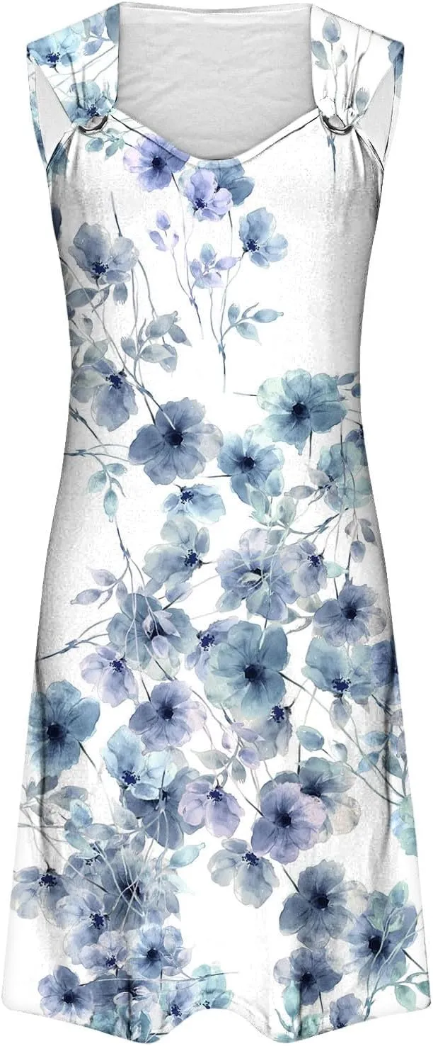 Summer A-Line Floral Printed Dresses Womens Vintage Sleeveless Beach Sundress Ladies Casual Loose Boho Dress