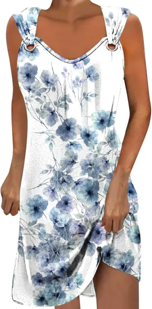 Summer A-Line Floral Printed Dresses Womens Vintage Sleeveless Beach Sundress Ladies Casual Loose Boho Dress