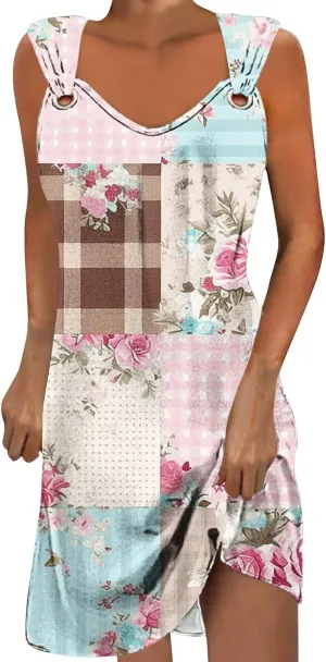 Summer A-Line Floral Printed Dresses Womens Vintage Sleeveless Beach Sundress Ladies Casual Loose Boho Dress