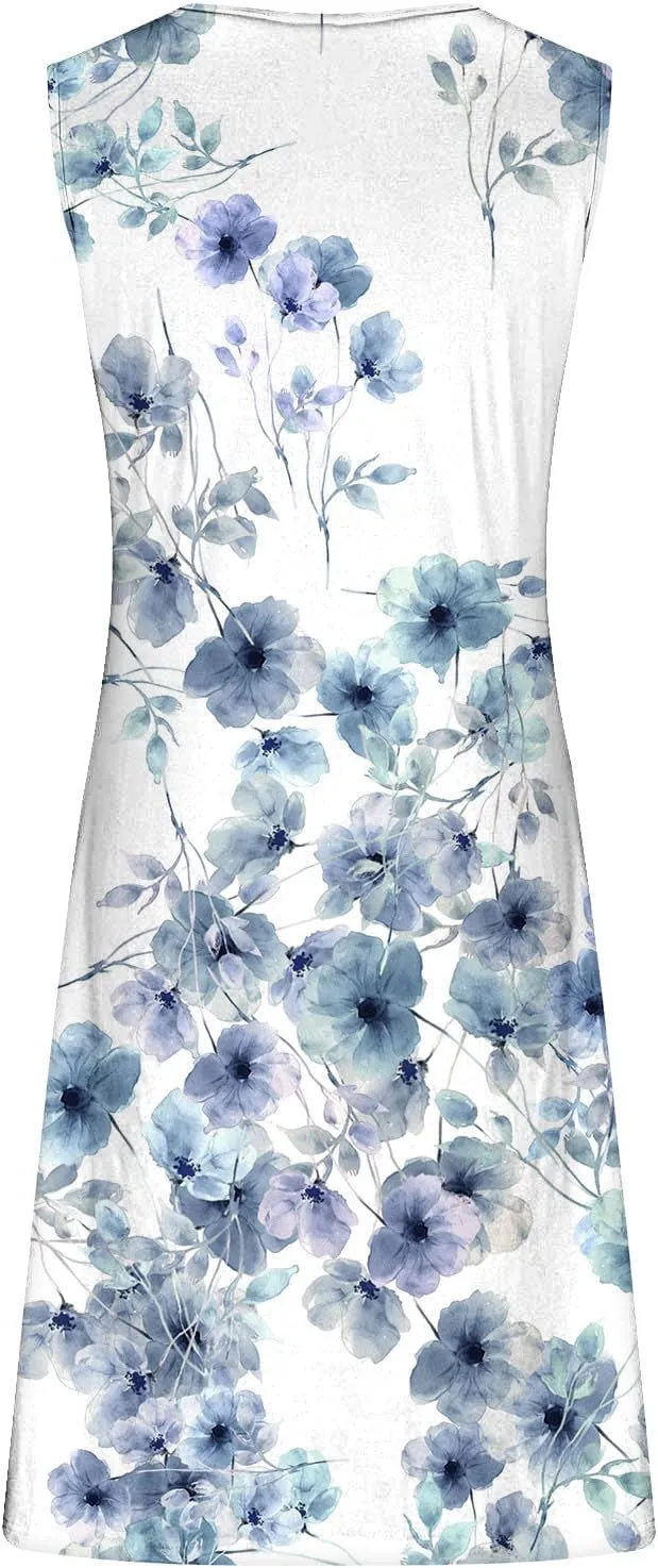 Summer A-Line Floral Printed Dresses Womens Vintage Sleeveless Beach Sundress Ladies Casual Loose Boho Dress