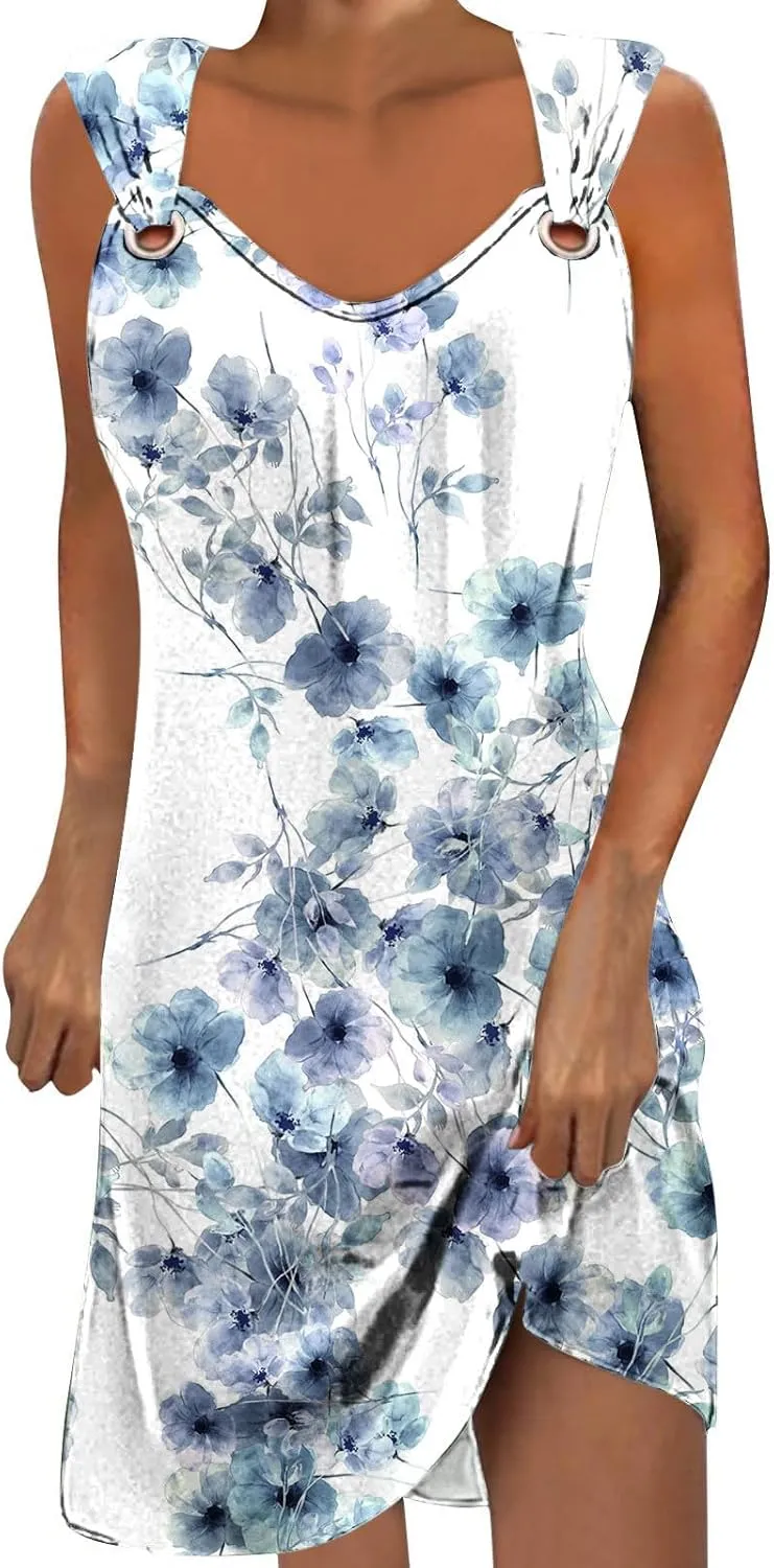 Summer A-Line Floral Printed Dresses Womens Vintage Sleeveless Beach Sundress Ladies Casual Loose Boho Dress