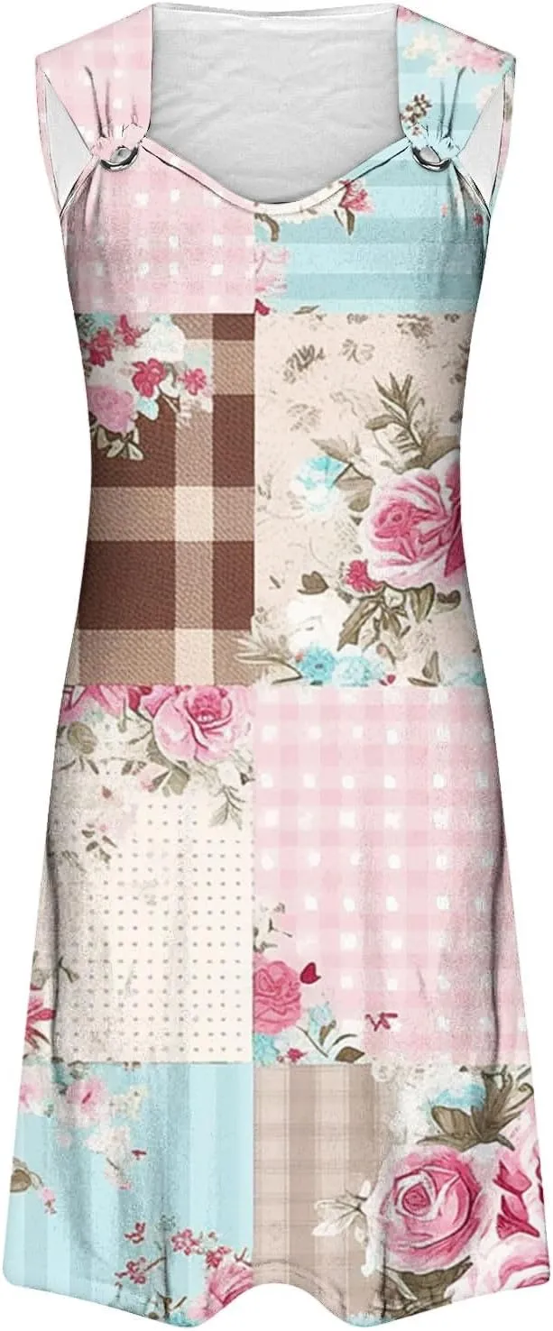 Summer A-Line Floral Printed Dresses Womens Vintage Sleeveless Beach Sundress Ladies Casual Loose Boho Dress