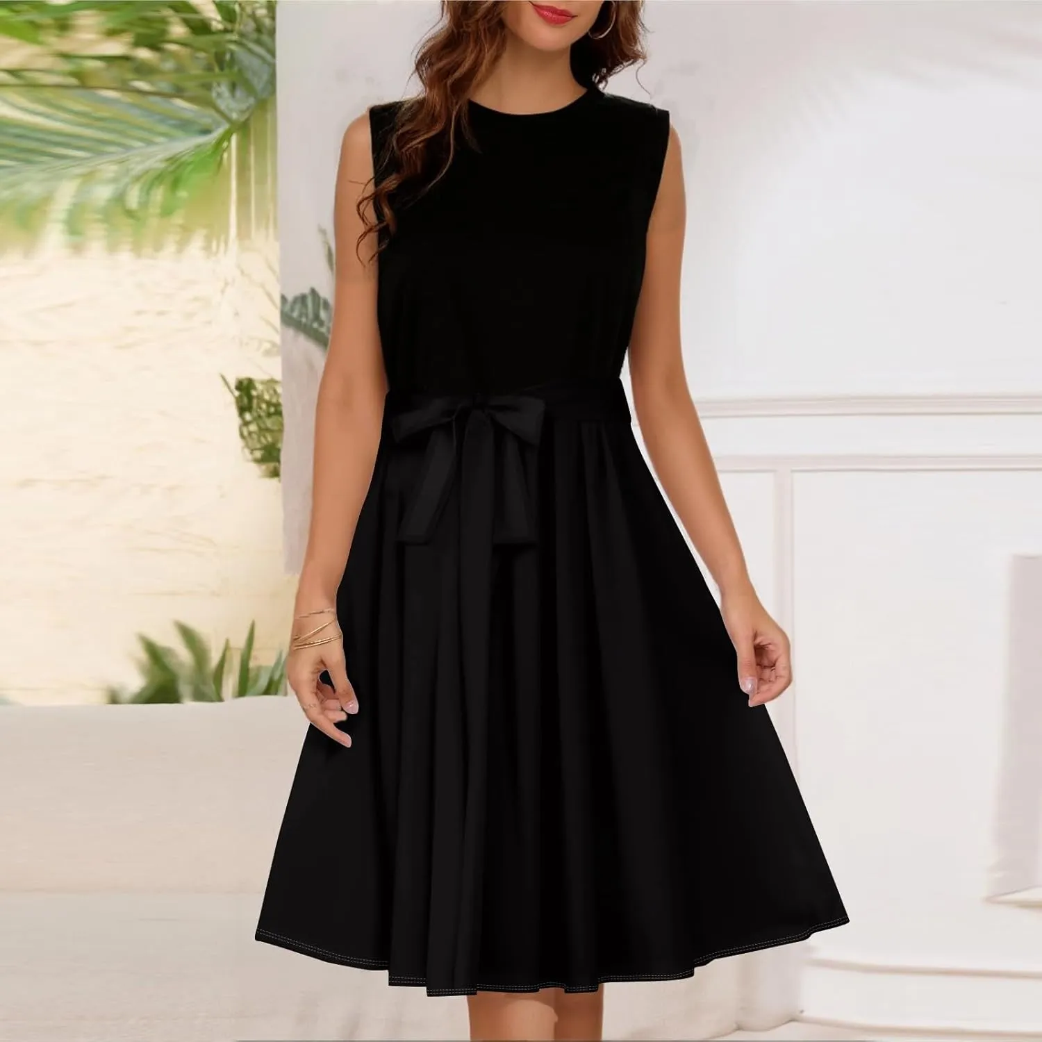 Summer Beach Floral Dresses for Women A line Sleeveless Wide Strap High Waist Midi Tank Dress