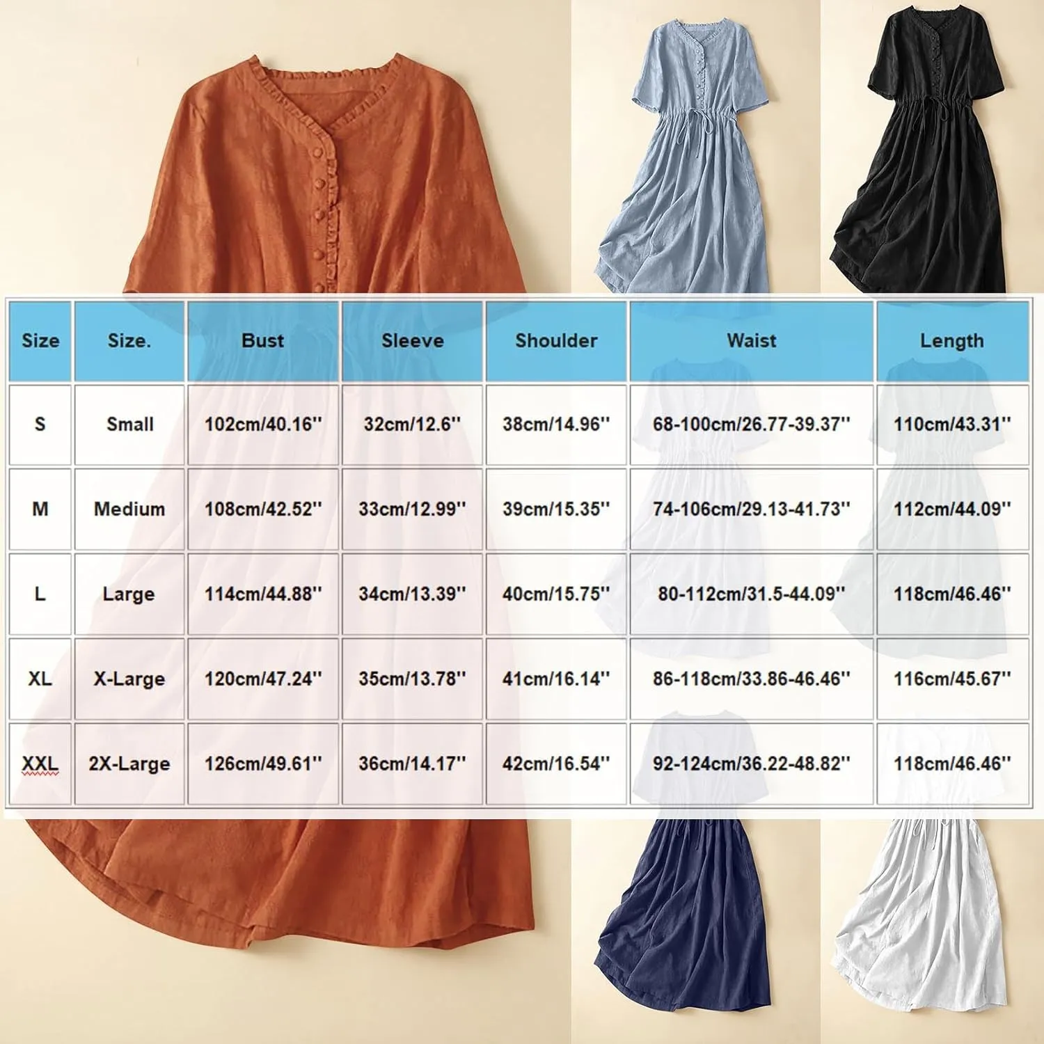 Summer Boho Dresses for Women Cotton Comfort Flowy Beach Dress Casual Cute Button V Neck Lace-Up Tunic Sun Dresses