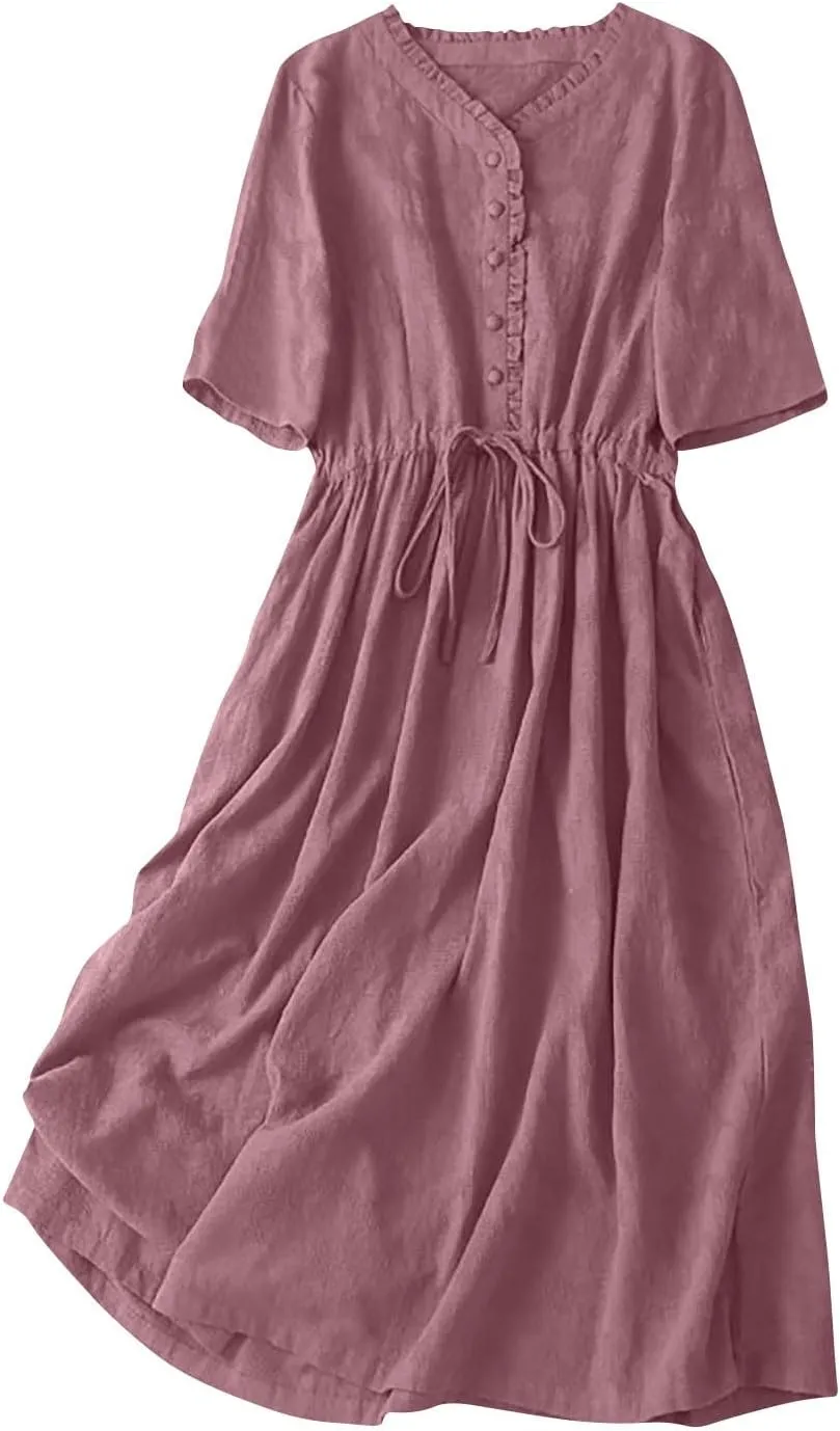 Summer Boho Dresses for Women Cotton Comfort Flowy Beach Dress Casual Cute Button V Neck Lace-Up Tunic Sun Dresses