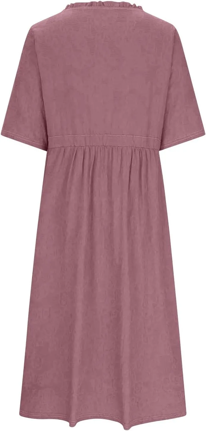 Summer Boho Dresses for Women Cotton Comfort Flowy Beach Dress Casual Cute Button V Neck Lace-Up Tunic Sun Dresses