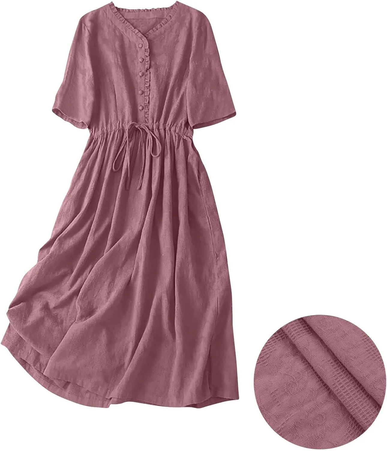 Summer Boho Dresses for Women Cotton Comfort Flowy Beach Dress Casual Cute Button V Neck Lace-Up Tunic Sun Dresses