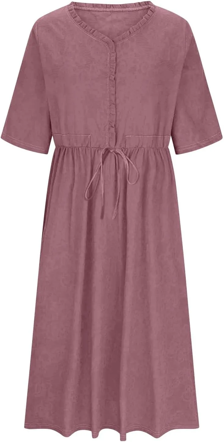 Summer Boho Dresses for Women Cotton Comfort Flowy Beach Dress Casual Cute Button V Neck Lace-Up Tunic Sun Dresses