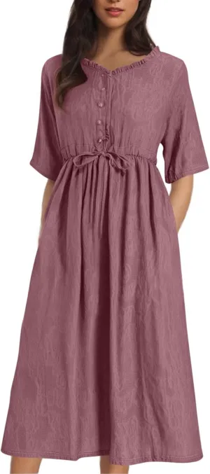 Summer Boho Dresses for Women Cotton Comfort Flowy Beach Dress Casual Cute Button V Neck Lace-Up Tunic Sun Dresses