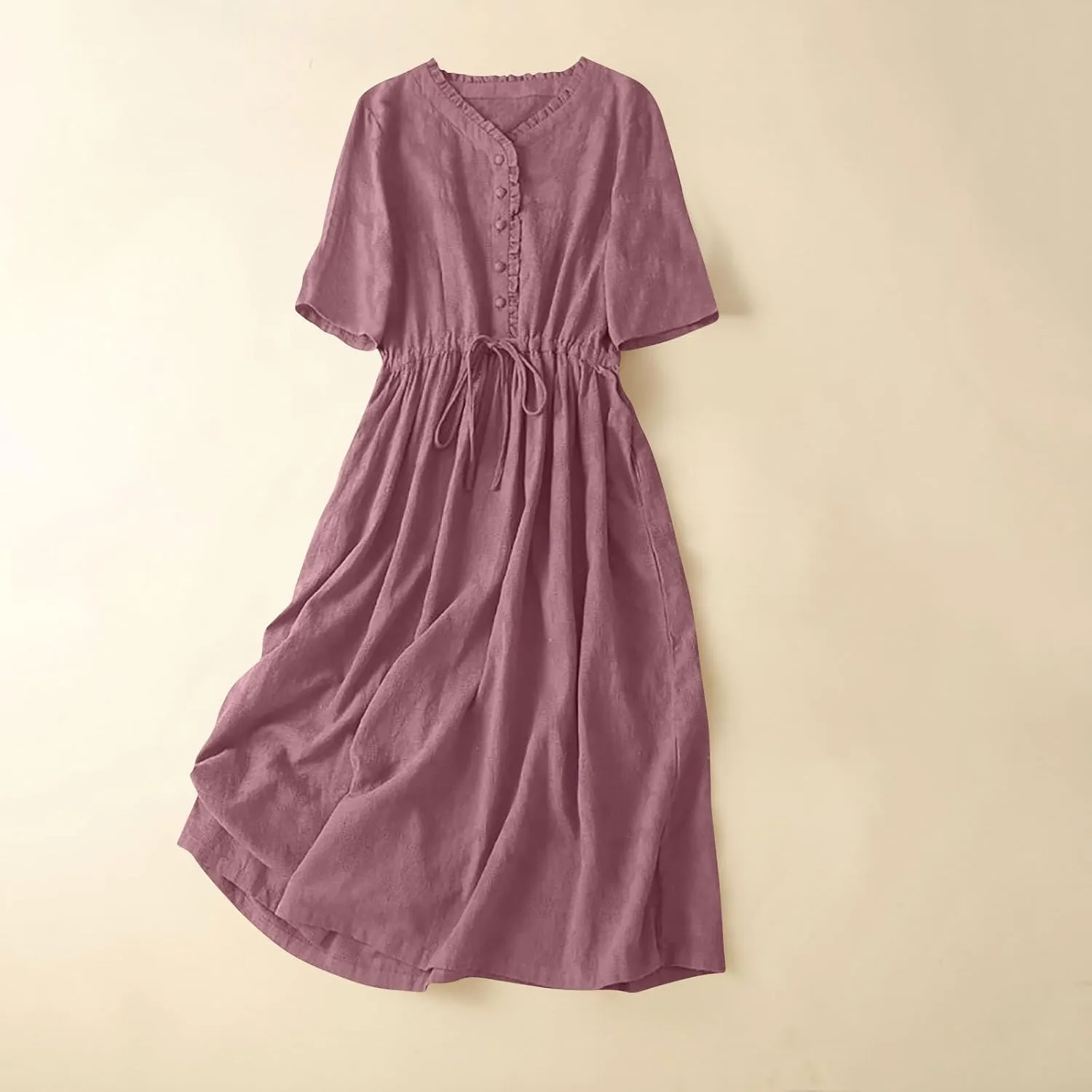 Summer Boho Dresses for Women Cotton Comfort Flowy Beach Dress Casual Cute Button V Neck Lace-Up Tunic Sun Dresses