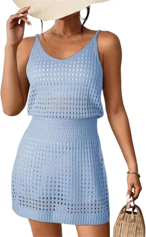 Summer Crochet Hollow Out Knit Beach Bathing Suit Swim Cover Bikini Bathing Suits Swimwear Sleeveless Vacation Dresses
