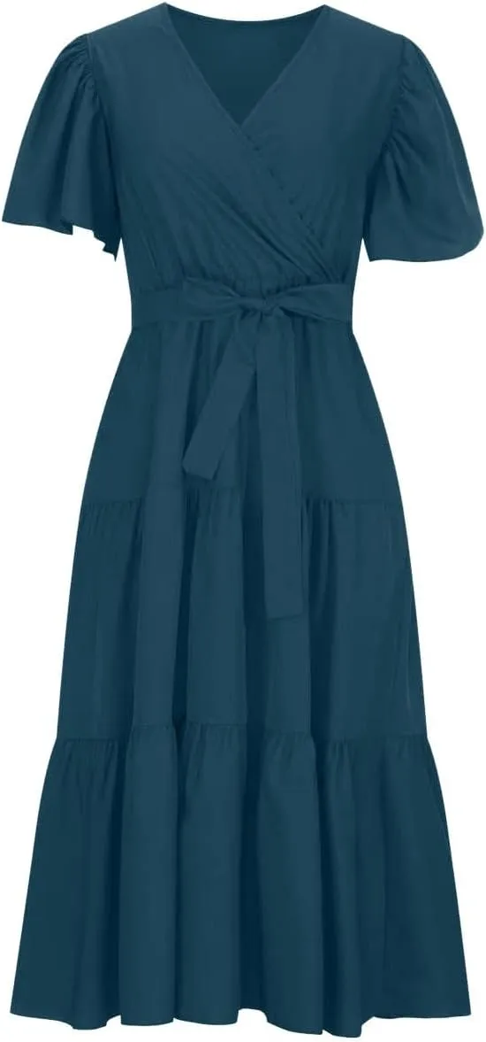 Summer Dress for Women Ruffle Short Sleeves V Neck Casual Flowy Dress with Belt Hawaiian Beach Maxi Dress 2025