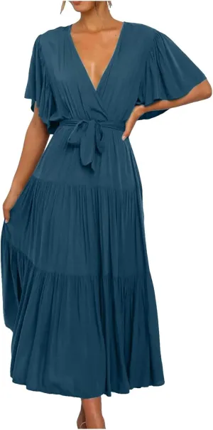 Summer Dress for Women Ruffle Short Sleeves V Neck Casual Flowy Dress with Belt Hawaiian Beach Maxi Dress 2025