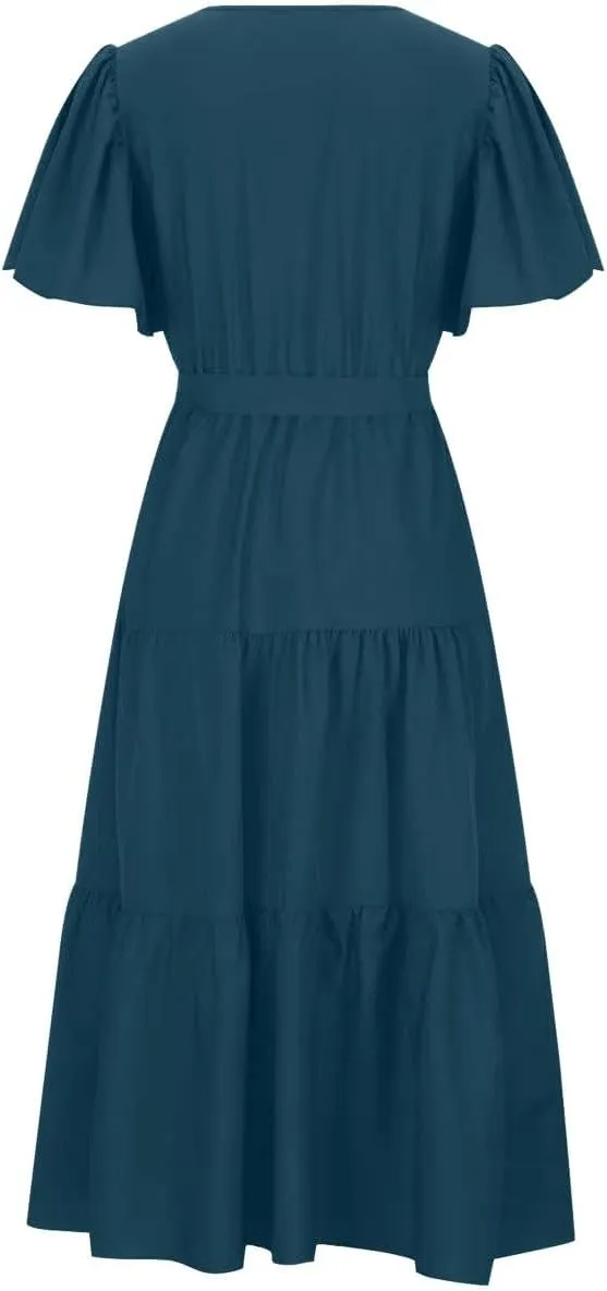 Summer Dress for Women Ruffle Short Sleeves V Neck Casual Flowy Dress with Belt Hawaiian Beach Maxi Dress 2025