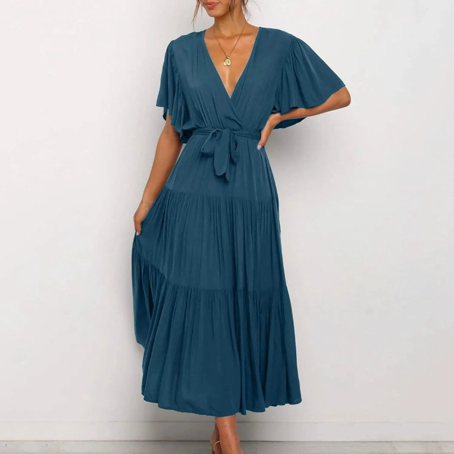 Summer Dress for Women Ruffle Short Sleeves V Neck Casual Flowy Dress with Belt Hawaiian Beach Maxi Dress 2025