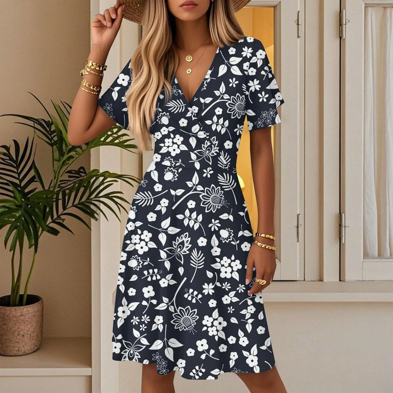 Summer Dress for Women Short Sleeve Warp V Neck Boho Floral Print Casual Ruffled A-Line Flowy Midi Sundress
