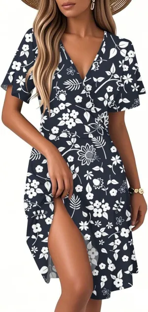 Summer Dress for Women Short Sleeve Warp V Neck Boho Floral Print Casual Ruffled A-Line Flowy Midi Sundress