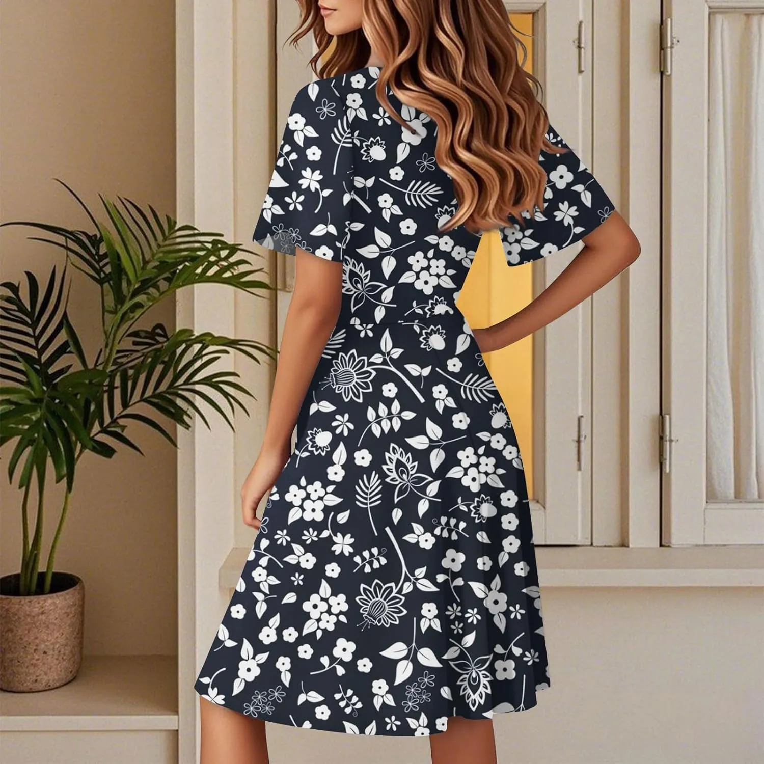 Summer Dress for Women Short Sleeve Warp V Neck Boho Floral Print Casual Ruffled A-Line Flowy Midi Sundress
