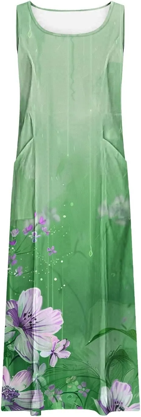 Summer Dresses for Women 2024 Sleeveless Floral Printed Midi Dress Spring Casual Dress Shift Dress Beach Dress