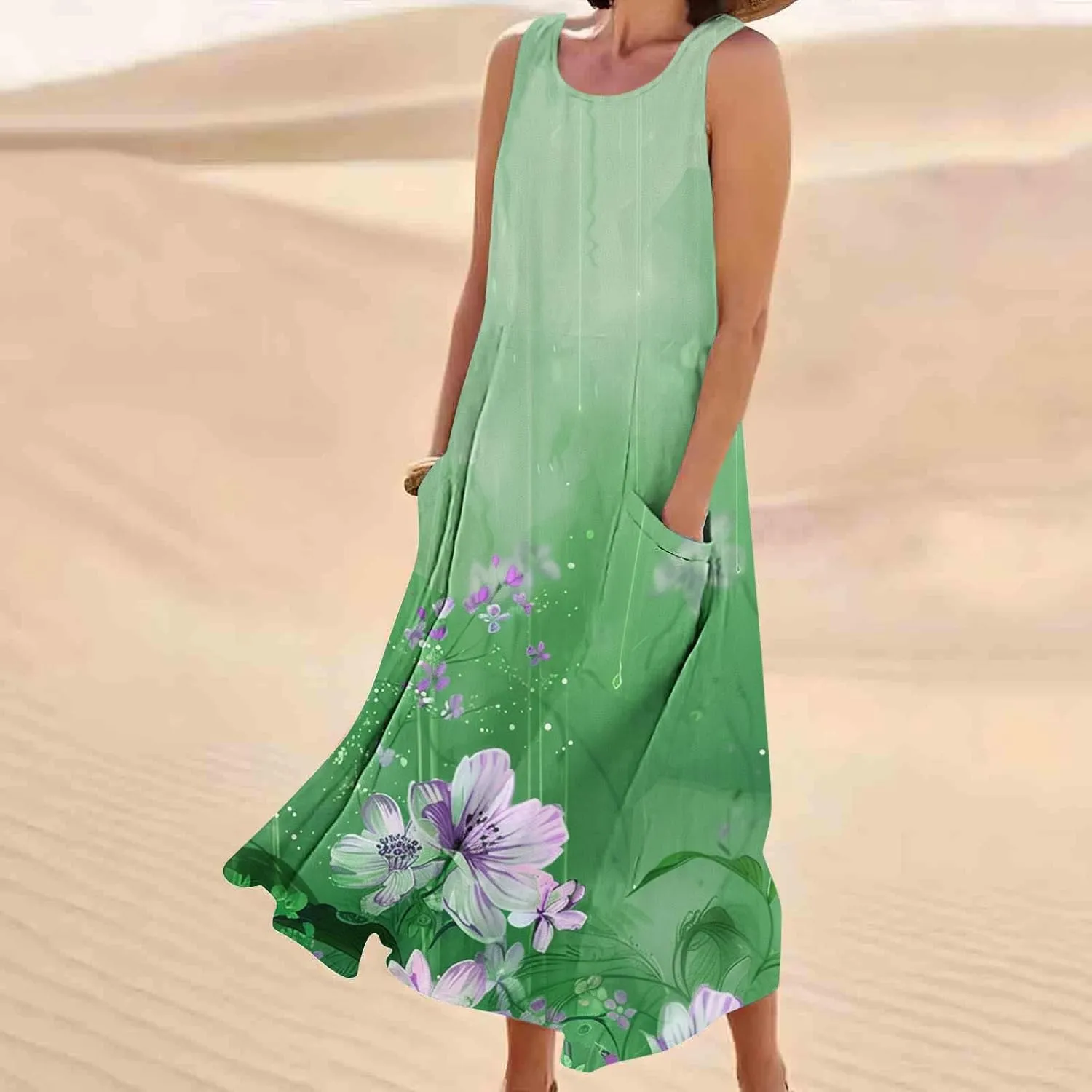 Summer Dresses for Women 2024 Sleeveless Floral Printed Midi Dress Spring Casual Dress Shift Dress Beach Dress