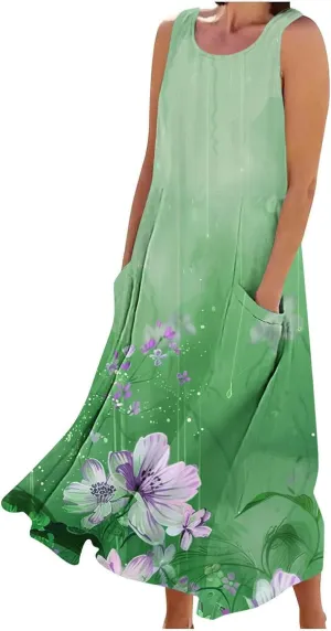 Summer Dresses for Women 2024 Sleeveless Floral Printed Midi Dress Spring Casual Dress Shift Dress Beach Dress