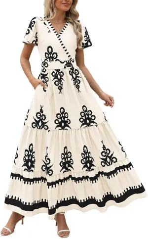 Summer Dresses for Women 2025 Boho Maxi Dress Beach Vacation Casual Smocked A Line Sundress with Pockets