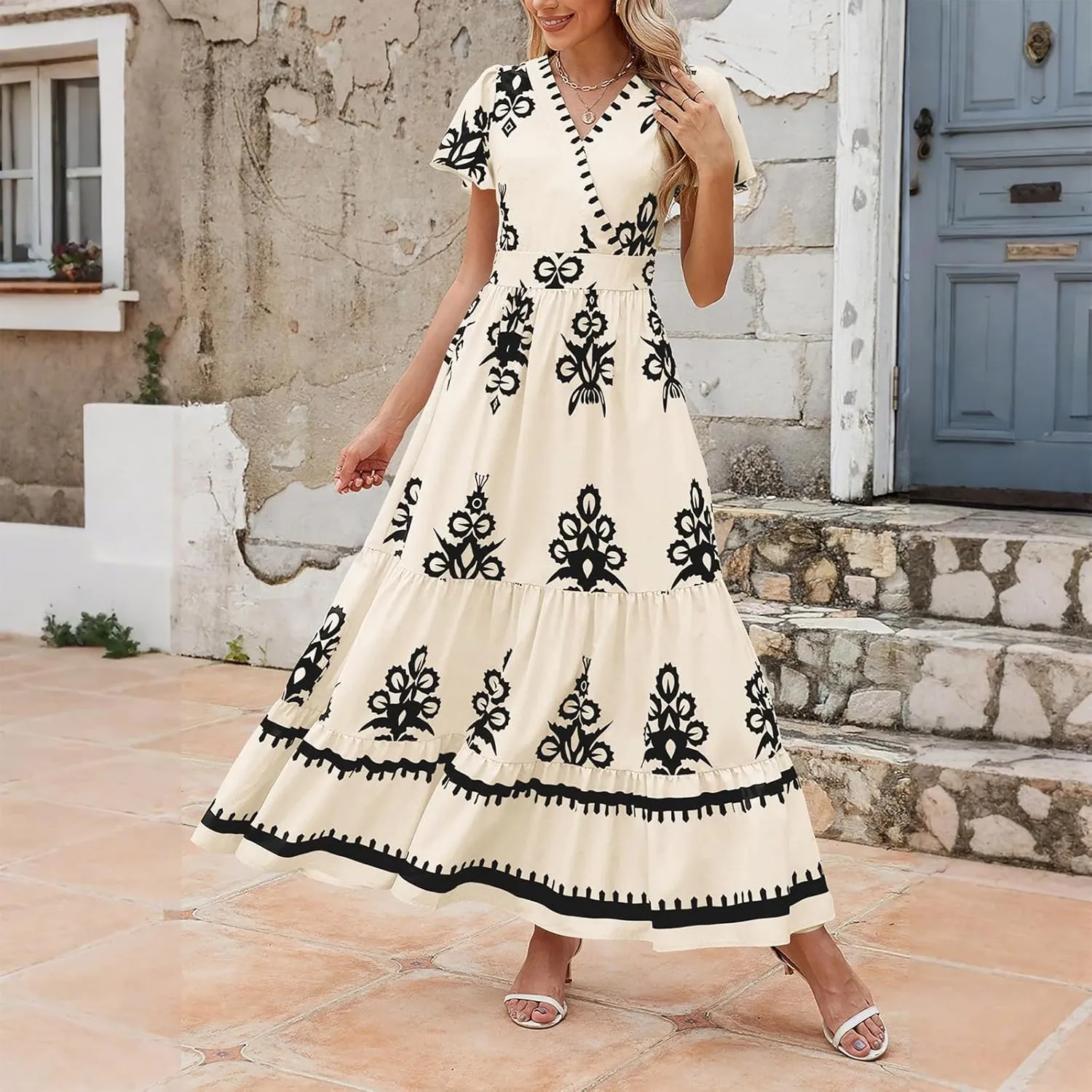 Summer Dresses for Women 2025 Boho Maxi Dress Beach Vacation Casual Smocked A Line Sundress with Pockets