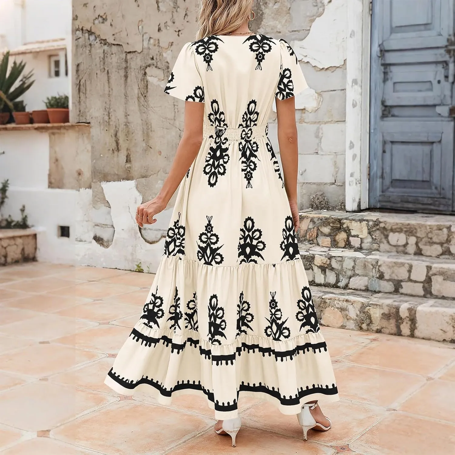 Summer Dresses for Women 2025 Boho Maxi Dress Beach Vacation Casual Smocked A Line Sundress with Pockets