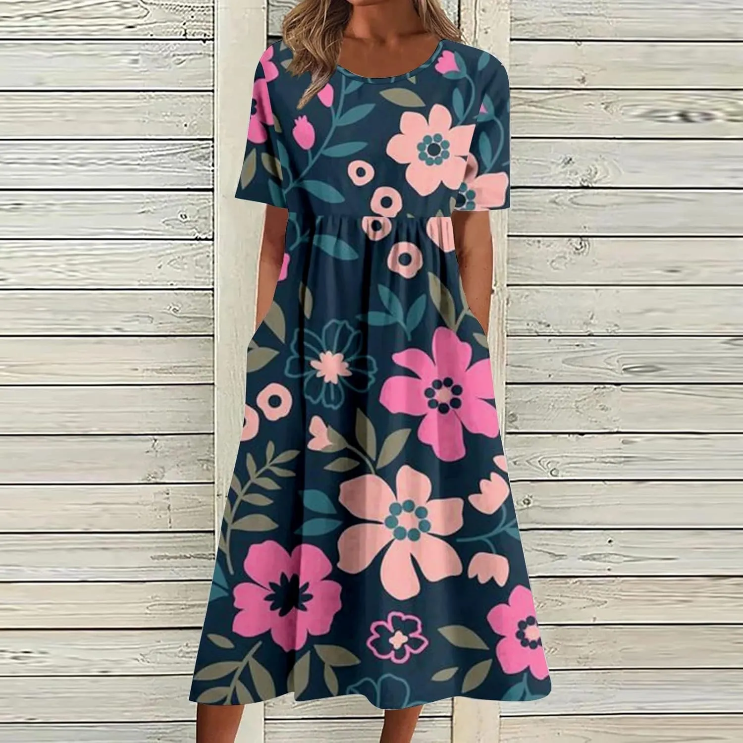 Summer Dresses for Women 2025 Floral Short Sleeve Casual T Shirt Dress Beach Party Sundresses Maxi Coverup with Pockets