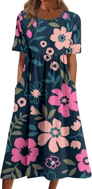 Summer Dresses for Women 2025 Floral Short Sleeve Casual T Shirt Dress Beach Party Sundresses Maxi Coverup with Pockets