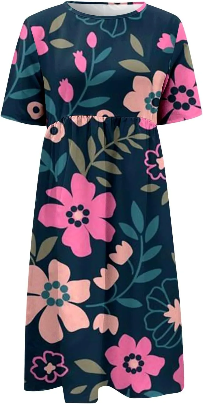 Summer Dresses for Women 2025 Floral Short Sleeve Casual T Shirt Dress Beach Party Sundresses Maxi Coverup with Pockets