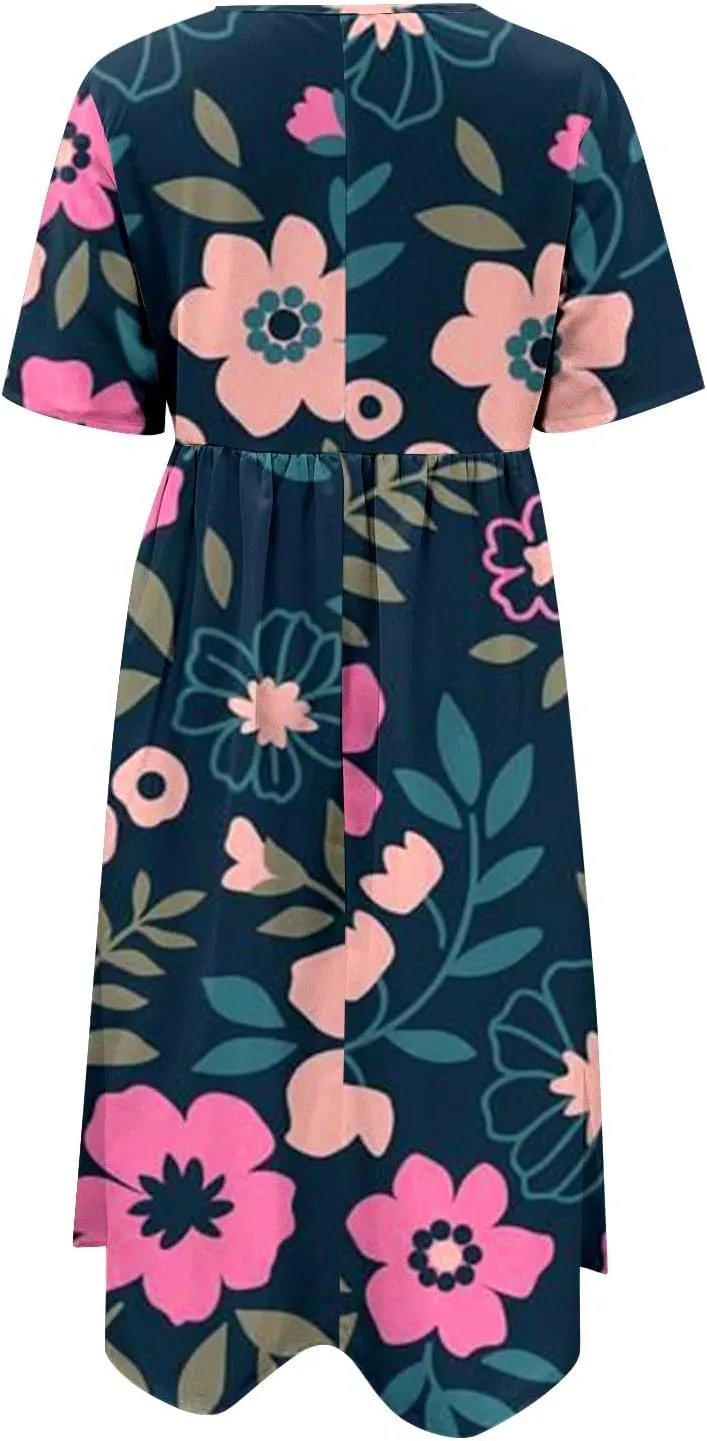 Summer Dresses for Women 2025 Floral Short Sleeve Casual T Shirt Dress Beach Party Sundresses Maxi Coverup with Pockets