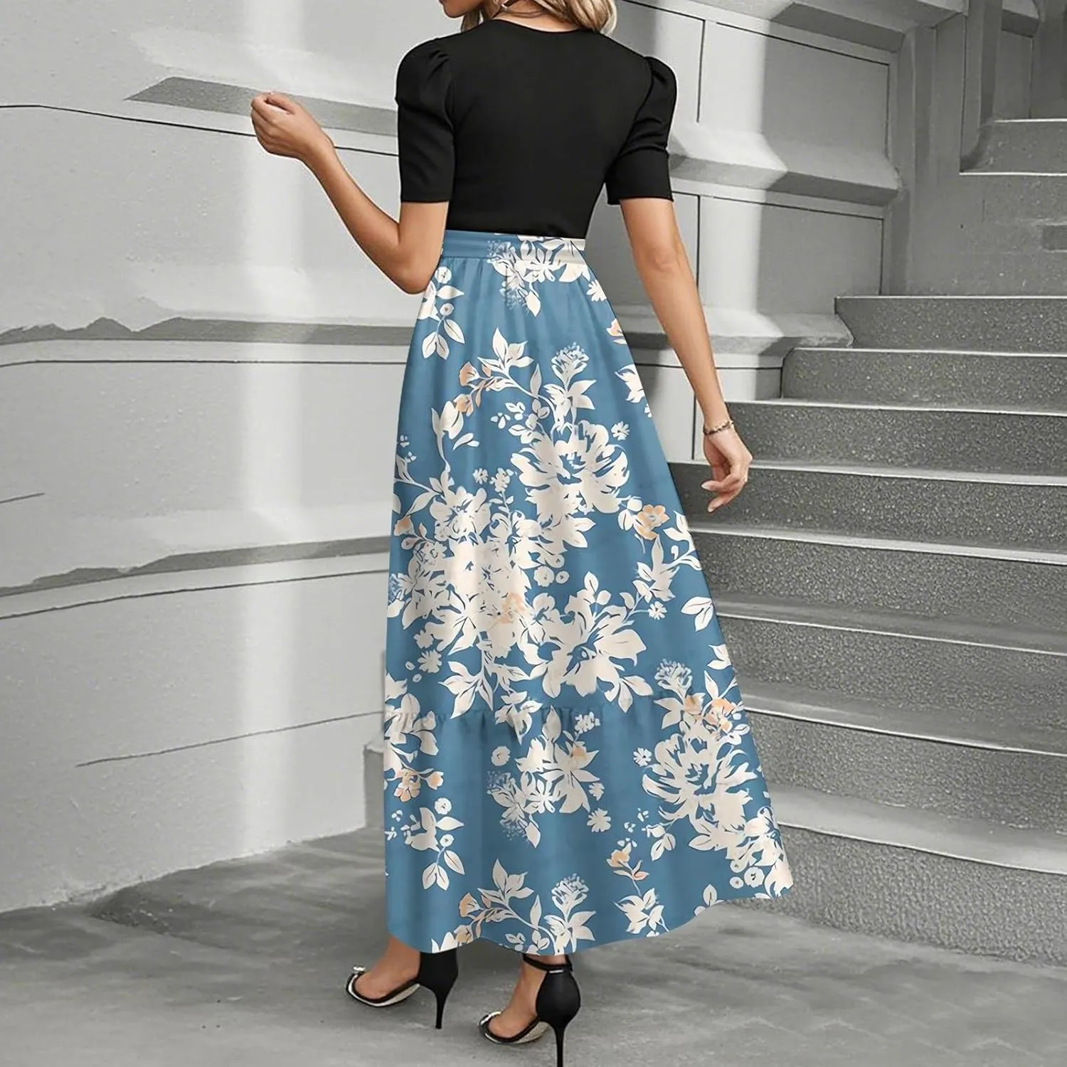 Summer Dresses for Women 2025- Maxi Boho Long Floral Print Patchwork Ruffle Dresses Fashion Short Sleeve A Line Dress