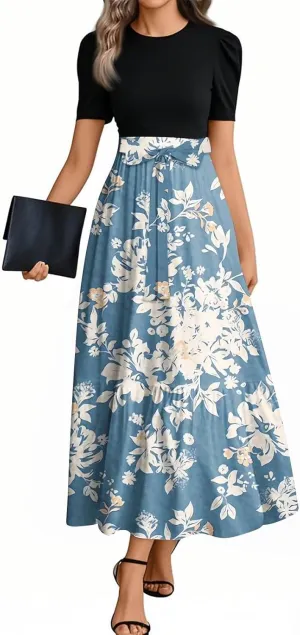 Summer Dresses for Women 2025- Maxi Boho Long Floral Print Patchwork Ruffle Dresses Fashion Short Sleeve A Line Dress