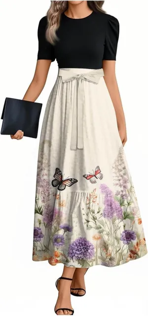 Summer Dresses for Women 2025 Midi Short Sleeve Round Neck Dresses Elegant Pleated A Line Dress