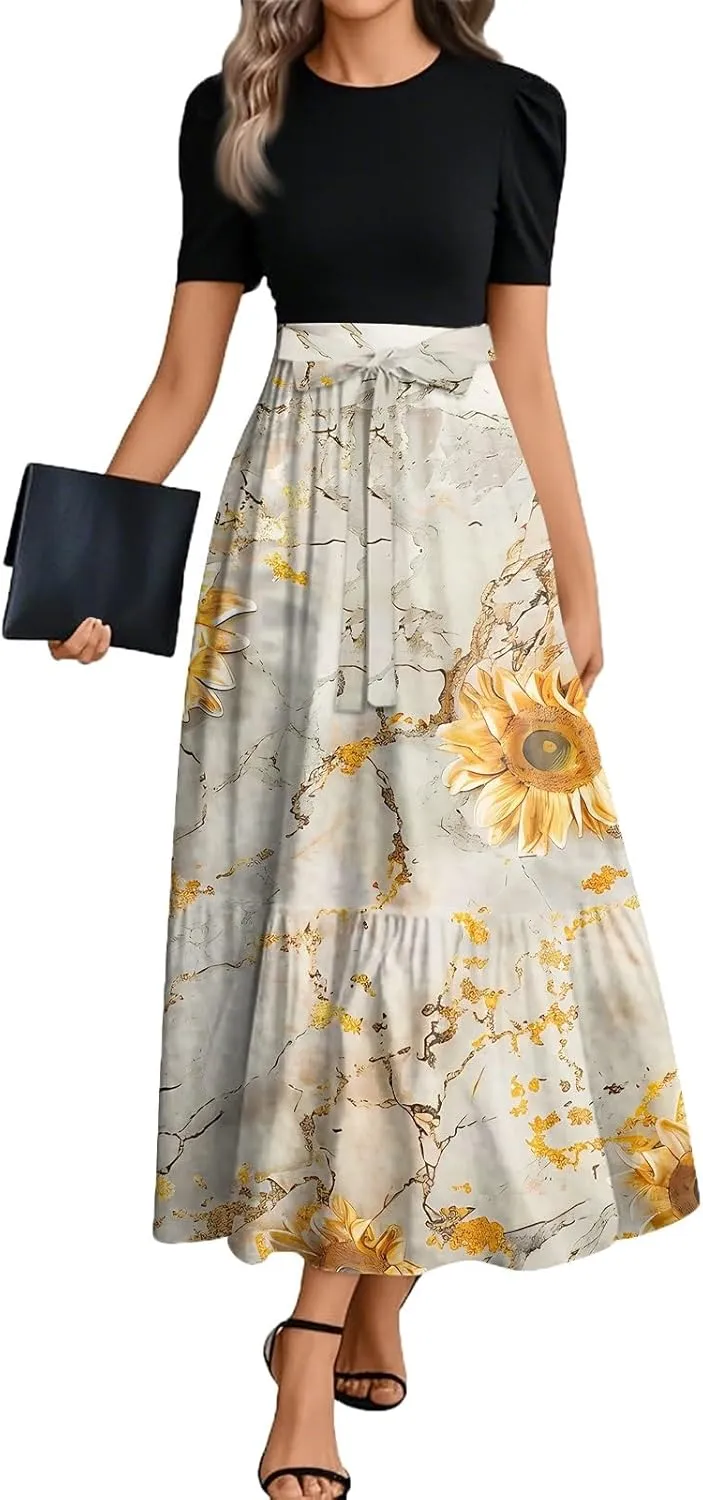 Summer Dresses for Women 2025 Short Sleeve Flowy Maxi Dress Casual Patchwork A Line Elegant Sundresses