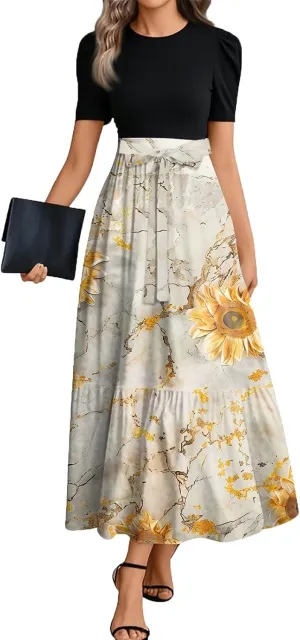 Summer Dresses for Women 2025 Short Sleeve Flowy Maxi Dress Casual Patchwork A Line Elegant Sundresses