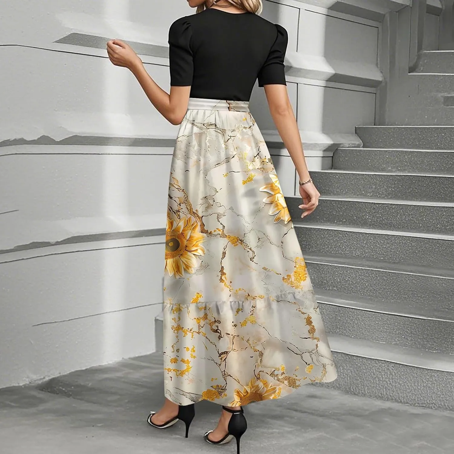 Summer Dresses for Women 2025 Short Sleeve Flowy Maxi Dress Casual Patchwork A Line Elegant Sundresses