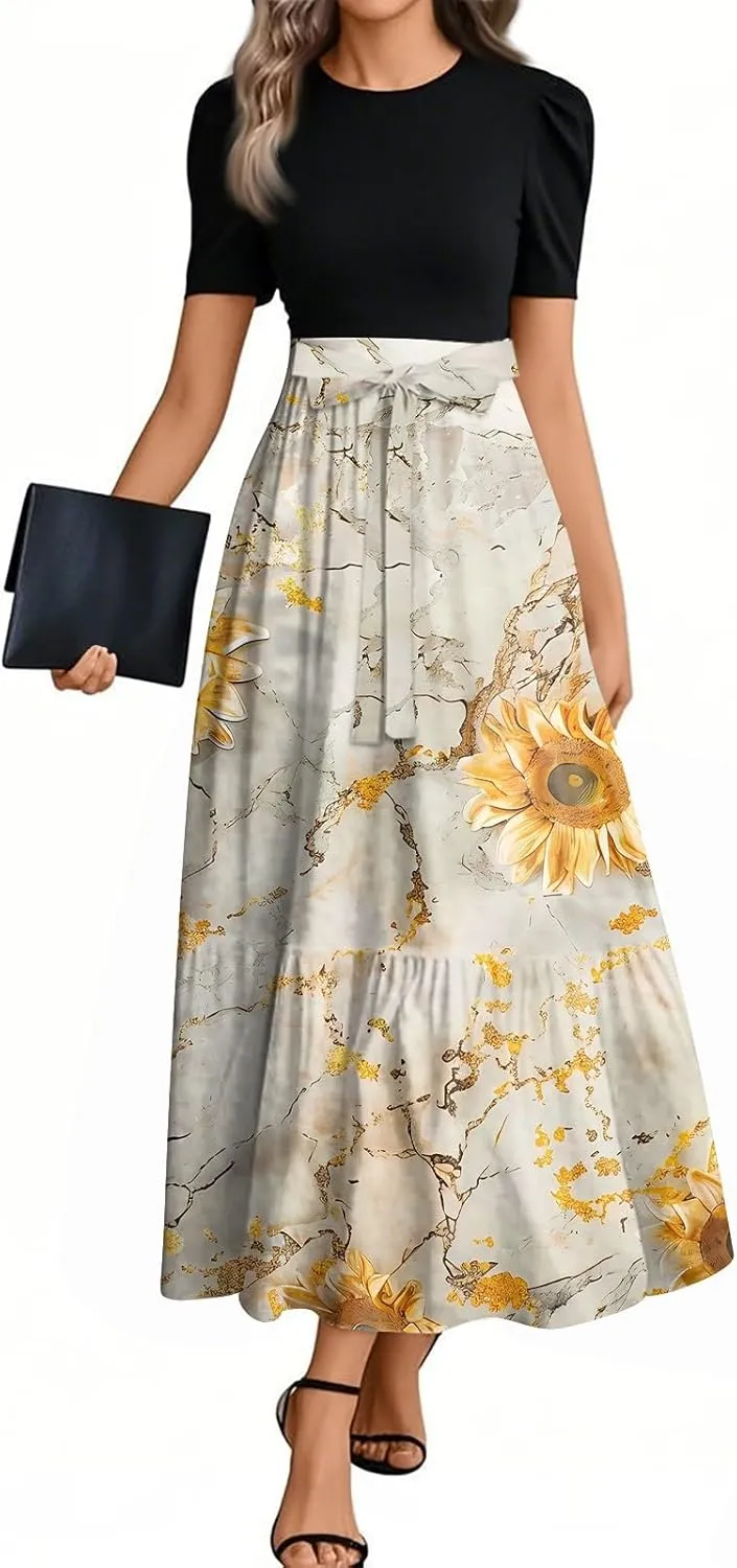 Summer Dresses for Women 2025 Short Sleeve Flowy Maxi Dress Casual Patchwork A Line Elegant Sundresses